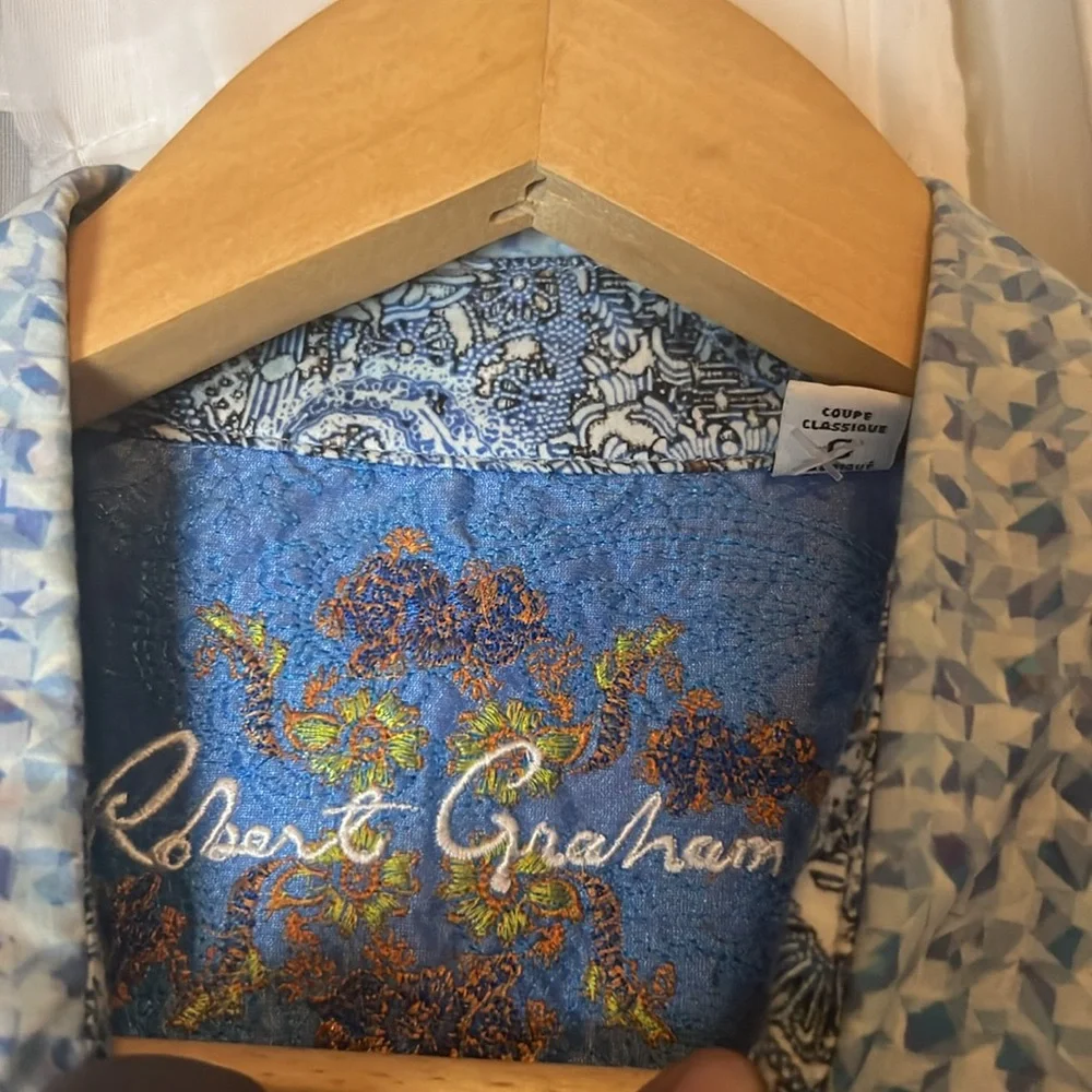 Robert Graham Classic Fit Cotton Geometric Short Sleeve Shirt Men’s Large Blue